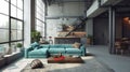 Modern industrial loft apartment interior with large windows and open-plan layout Royalty Free Stock Photo