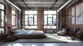 Modern industrial loft bedroom with large windows Royalty Free Stock Photo