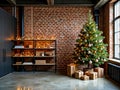 Modern Industrial Loft with Christmas Tree, Fairy Lights, and Gift Boxes Against Brick Wall Royalty Free Stock Photo