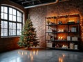 Modern Industrial Loft with Christmas Tree, Fairy Lights, and Gift Boxes Against Brick Wall Royalty Free Stock Photo