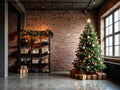 Modern Industrial Loft with Christmas Tree, Fairy Lights, and Gift Boxes Against Brick Wall Royalty Free Stock Photo
