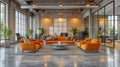 Modern industrial office lounge with orange sofas and greenery Royalty Free Stock Photo