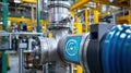 Industrial pipeline system with digital control panel showing performance data in modern factory Royalty Free Stock Photo