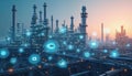 Modern industrial plant using predictive maintenance with IoT technology. Complex network of pipes, structures visualized with Royalty Free Stock Photo