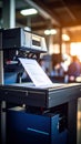 Modern industrial printer processing documents in a brightly lit office environment Royalty Free Stock Photo