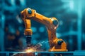 Modern industrial robotic arm executing precise welding with bright sparks in high-tech factory,highlighting automation