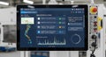 Industrial touchscreen control panel displaying real time data and machine status in a factory setting Royalty Free Stock Photo