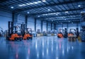 Modern industrial warehouse interior with forklifts and high bay lighting creating a dynamic and active logistics environment Royalty Free Stock Photo