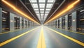 futuristic data center corridor with glowing orange lights and symmetrical rows of server racks extending into the distance Royalty Free Stock Photo