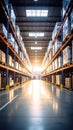 Modern industrial warehouse interior with tall racks filled with boxes and natural light filtering in Royalty Free Stock Photo
