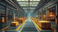 Modern industrial warehouse with moving conveyor and packaged boxes Royalty Free Stock Photo