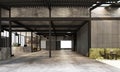 Modern industrial warehouse with working space and living area factory with concrete and metal texture interior design Royalty Free Stock Photo