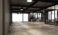 Modern industrial warehouse with working space and living area factory with concrete and metal texture interior design Royalty Free Stock Photo