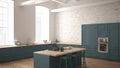 Modern industrial wooden kitchen with wooden details and panoramic window, white and blue minimalistic interior design