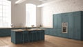 Modern industrial wooden kitchen with wooden details and panoramic window, white and blue minimalistic interior design, downtown p