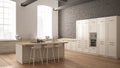 Modern industrial wooden kitchen with wooden details and panoramic window, white minimalistic interior design, downtown panorama