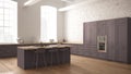 Modern industrial wooden kitchen with wooden details and panoramic window, white and red minimalistic interior design