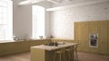 Modern industrial wooden kitchen with wooden details and panoramic window, white and yellow minimalistic interior design