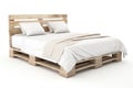 Modern inexpensive bed made of pallets on a white background