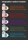 Modern infographic dark template with multicolored text elements, five steps in different colors, icons with pictograms