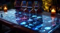 A modern interactive table displaying wine glasses and digital information about wine