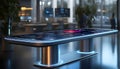 futuristic interactive digital touchscreen table with holographic data display in modern office environment with blurred backgroun Royalty Free Stock Photo