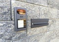 Modern intercom and mailbox on stone wall