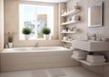 Modern interior bathroom with bathtub and shelves in beige colors and window.Macro.AI Generative Royalty Free Stock Photo