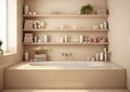 Modern interior bathroom with bathtub and shelves in beige colors and window.Macro.AI Generative Royalty Free Stock Photo