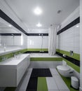 Modern interior of bathroom in luxury apartment. White, green and black tile. Sink and mirror. Toilet and bath.