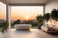 modern interior of a bathroom with shower area and bathtub with large window revealing a breathtaking landscape at sunset Royalty Free Stock Photo