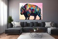 A modern interior - beautiful living room with a sofa and a a modern colorful artwork hanging on the big white wall. Generative AI Royalty Free Stock Photo