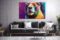 A modern interior - beautiful living room with a sofa and a a modern colorful artwork hanging on the big white wall. Generative AI Royalty Free Stock Photo