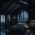 Modern Interior of Bedroom Design With High Arched Ceiling And Large Windows, Generative AI