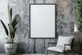 Modern Interior with Blank Frame, Concrete Wall, and Green Plant Accents Royalty Free Stock Photo