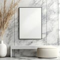 Modern interior with blank frame mockup against marble wall and decorative vase display Royalty Free Stock Photo