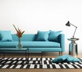 Modern interior with a blue turqoise sofa in the living room Royalty Free Stock Photo