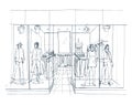 Modern interior boutique, shopping center, mall with clothes. Contour sketch illustration.