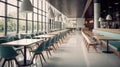 Modern interior of cafeteria or canteen with many chairs and tables, large windows