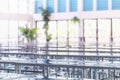 Modern interior of cafeteria or canteen with stainless steel chairs and tables Royalty Free Stock Photo