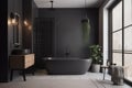 Modern interior of a chic bathroom in black tones with plants and a large window