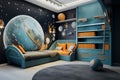 Modern interior of a children& x27;s bedroom in a space style Royalty Free Stock Photo