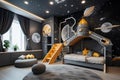 Modern interior of a children's bedroom in a space style Royalty Free Stock Photo