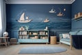 Modern interior of a children's room in a nautical style.