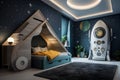 Modern interior of a children's bedroom in a space style Royalty Free Stock Photo