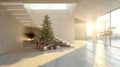 Christmas tree and gift boxes in modern minimalist interior with staircase and panoramic windows. Royalty Free Stock Photo