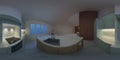 Modern interior of a country house. Evening lighting. Panorama 360.