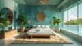 Modern interior of cozy bedroom in turquoise tones with large green plants and panoramic window with beautiful sea Royalty Free Stock Photo