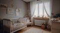 Modern interior of cozy room with big bed and comfortable baby crib, generative ai Royalty Free Stock Photo