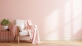Modern interior with cozy white armchair with plaid. Minimalist table with a houseplant. A blank blush pink wall for mockup with Royalty Free Stock Photo